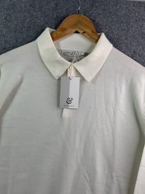 Collars & Co Merino Beige Oatmeal Wool Polo Sweater Bellagio Button Mens Large