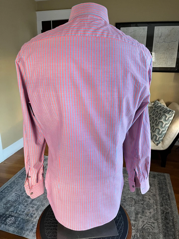 Brunello Cucinelli Custom-made 15.5" x 33" Trim Fit Pink Blue Stripe L/S Shirt - Image 4 of 4