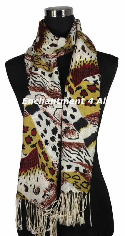 Stunning Handmade 2-Ply 100% Cashmere ANIMAL PRINT Shawl Wrap Brown/Yellow/Black