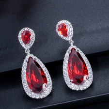 TearDrop Silver Plated CZ Red Amerian Crystal Earrings Women Elegant Jewelry