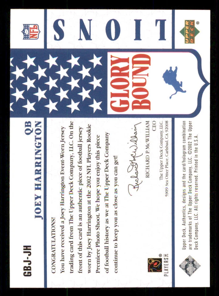 2002 UD Authentics Glory Bound Jerseys #GBJJH Joey Harrington - Image 2 of 2