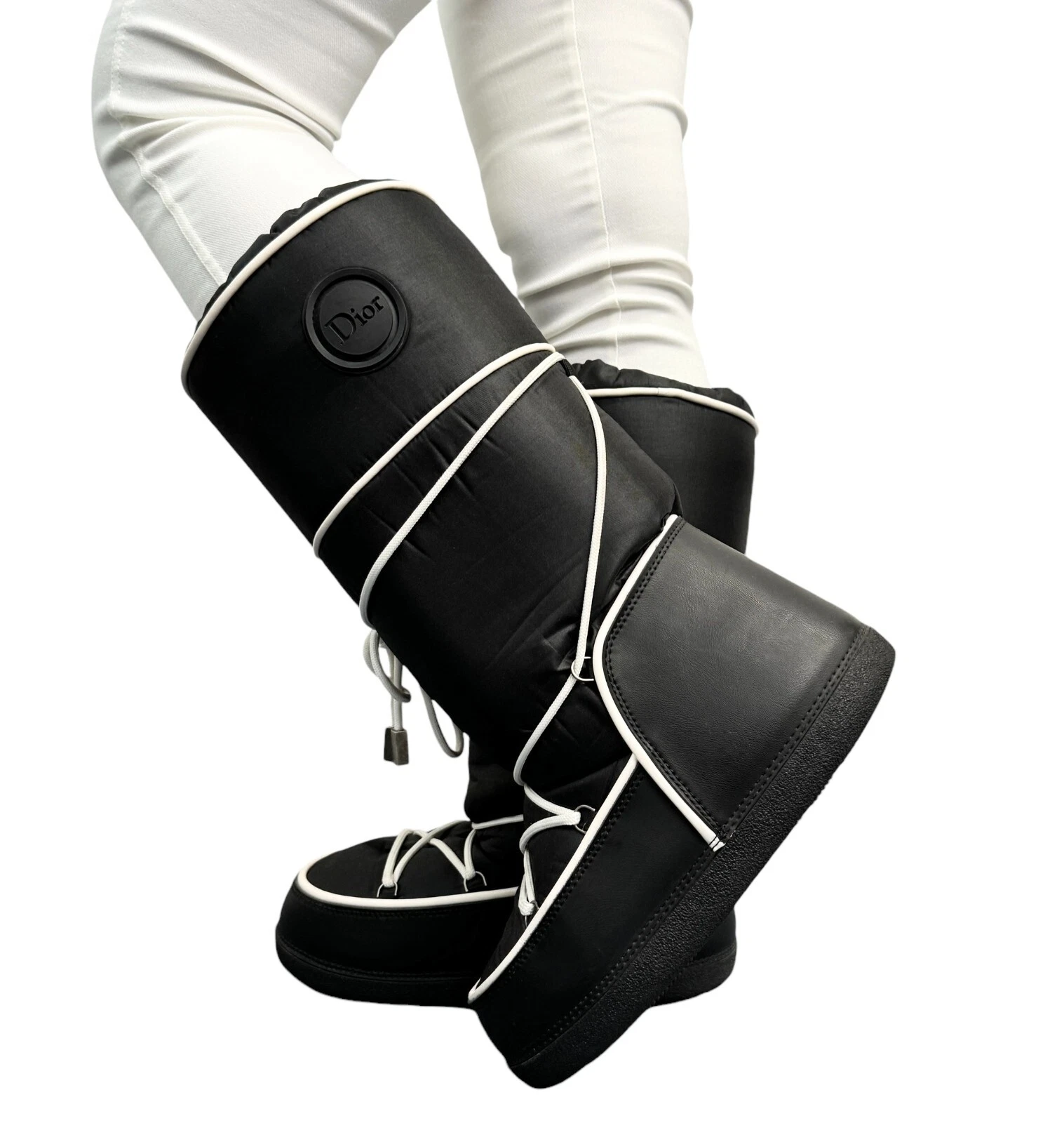 Bottes de neige à lacets Christian Dior vintage logo #41 43 US 12 noir blanc nylon