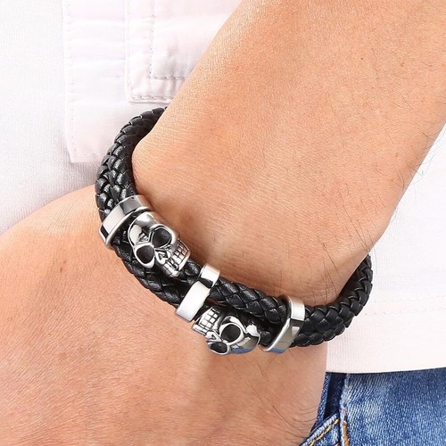 Pulsera Calavera Acero Inoxidable Cuero Trenzado Esqueleto Pulsera Punk Joyería - Imagen 33 de 35