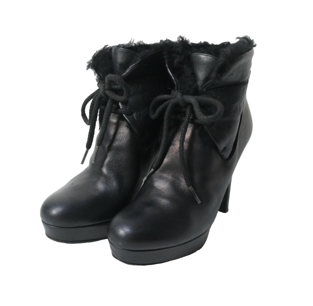 GUCCI Boots Heel Short Leather Black GG Lace up EU36 US6 GUCCI Boots Heel Short Leather Black GG Lace up EU36 US6