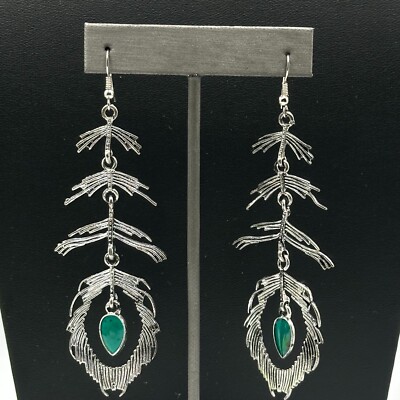 Peacock Feather Earrings Silver Tone Green Drop Dangle Long Pierced Bohemian