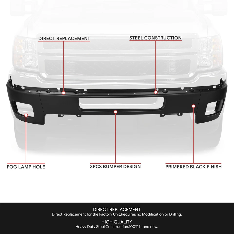 Barra frontal de parachoques negra con orificios para faros antiniebla para 11-14 Silverado 2500 3500 HD Foto 2 de 4