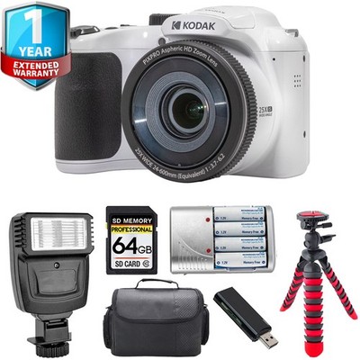 Kodak PIXPRO AZ255 Digital Camera (White) + 1 Yr Warranty + Flash - 64GB Kit