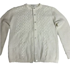 Vtg Womens White Cardigan Sweater LG  Orlon Acrylic Knit Wintuk USA Granny Core