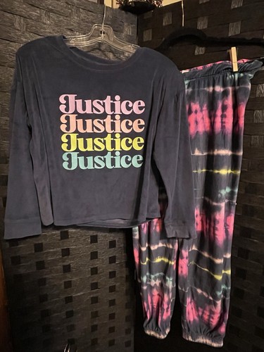 Justice Pajama Pants Girls 14 Navy Tye Dye Fleece Colorful Soft Set - Picture 2 of 8