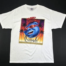 VINTAGE PLANET HOLLYWOOD 1998 ORLANDO T-SHIRT XL WHITE METALLIC NOS 90's FLORIDA