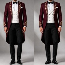 Burgundy Tailcoat Men's Suits Gold Embroidered Wedding Groom Party Prom 3 Pieces