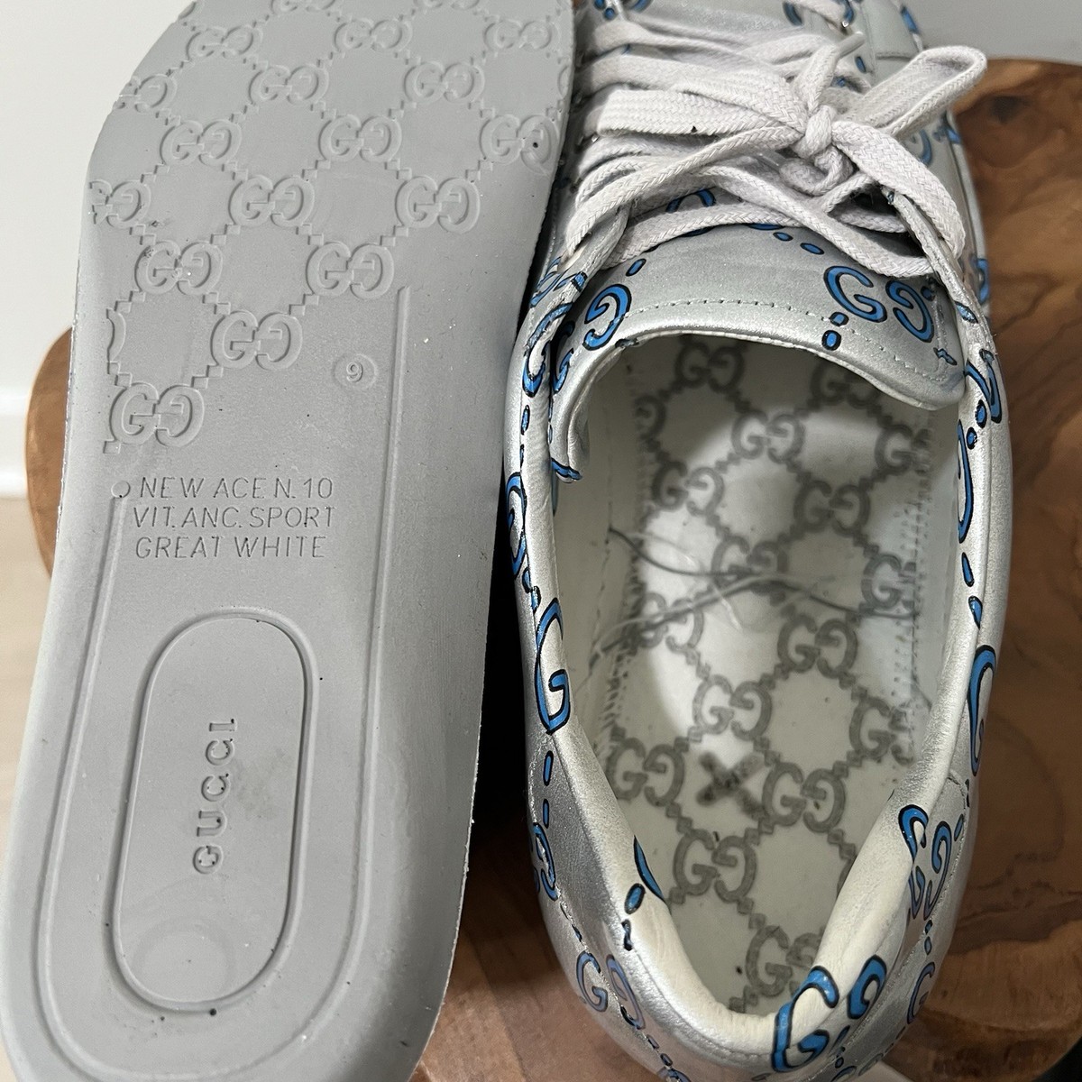 GUCCI Miro Rubber Wax GucciGhost Print Mens New Ace Sneakers 10