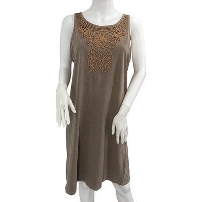 THE TERRITORY AHEAD NWOT Large Sleeveless Cotton Beaded Shift Dress Brown Boho