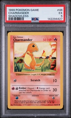 1999 POKEMON BASE SET SHADOWLESS #46 CHARMANDER PSA 5