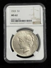 1923-P $1 PEACE SILVER DOLLAR "PHILADELPHIA MINT" NGC MS62