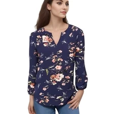 Fun2fun Kenmore Split Neck Floral Blouse in Blue NWOT Size Small