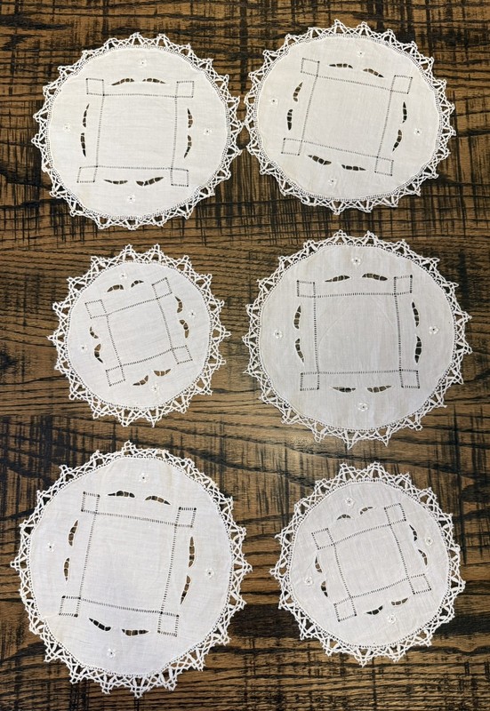 Vintage Set of 6 Round White Cutwork Doilies with Crocheted Edges