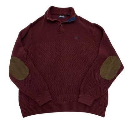Chaps Pullover Herren XL Burgund Knopfleiste Ellenbogen Patches Strick Baumwolle