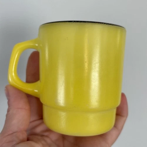 Vintage Anchor Hocking Yellow Stackable Fire King Mug Coffee Cup MCM Retro Glass