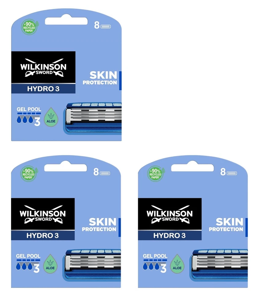 Wilkinson Sword Hydro 3 Razor Blades 3 x 8 Packs Mens Shaving Genuine 24 Refills
