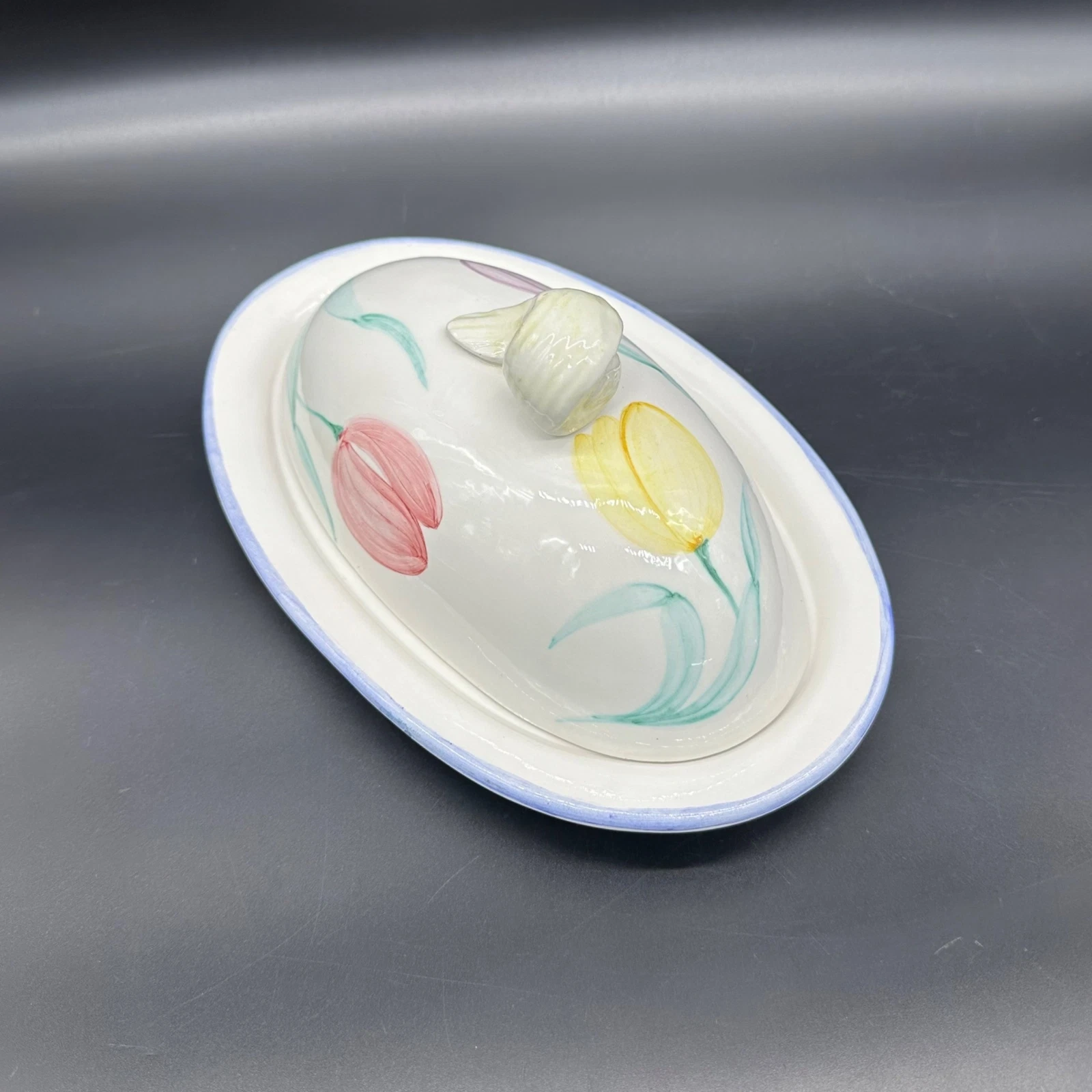 Vintage Butter Dish Vietri Italian Pottery 80s Italy Hand Painted Floral Tulip