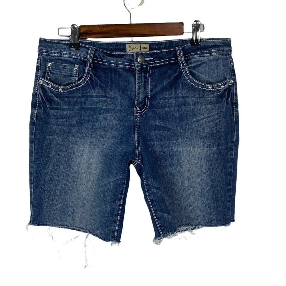 Earl Jean Raw Hem Cutoff Bling Denim Shorts Women's 12 Blue Mid-Rise