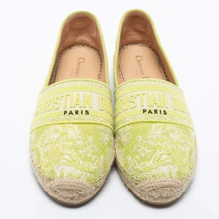 Authentic Christian DIOR Granville Lime Green Floral Flat Espadrilles Size EU37