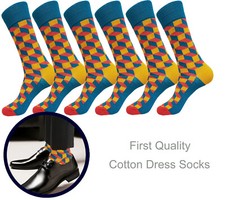 6pk Novelty Socks 10-13 Cotton 3D Design Yellow Aqua True to Size Dress Socks