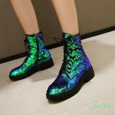 2026 Women's Glitter Sequins Ankle Boots Casual Bling Lace Up Shoes Performance