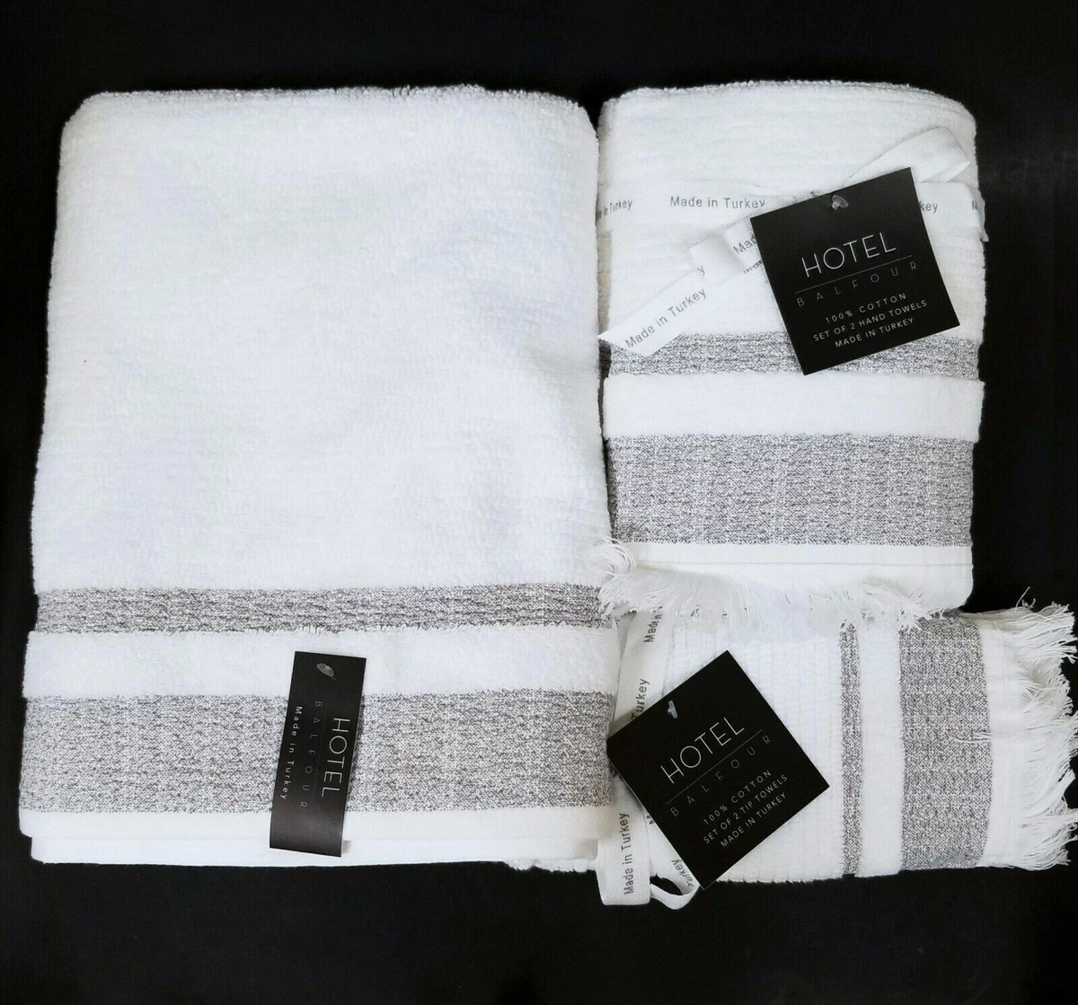 HOTEL BALFOUR COTTON WHITE,GRAY STRIPE BATH,HAND TOWEL,FINGER TIP TURKEY  MADE