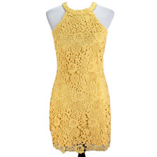 Lulus Love Poem Lace Mini Dress Womens Size M Yellow Sleeveless Crochet Halter