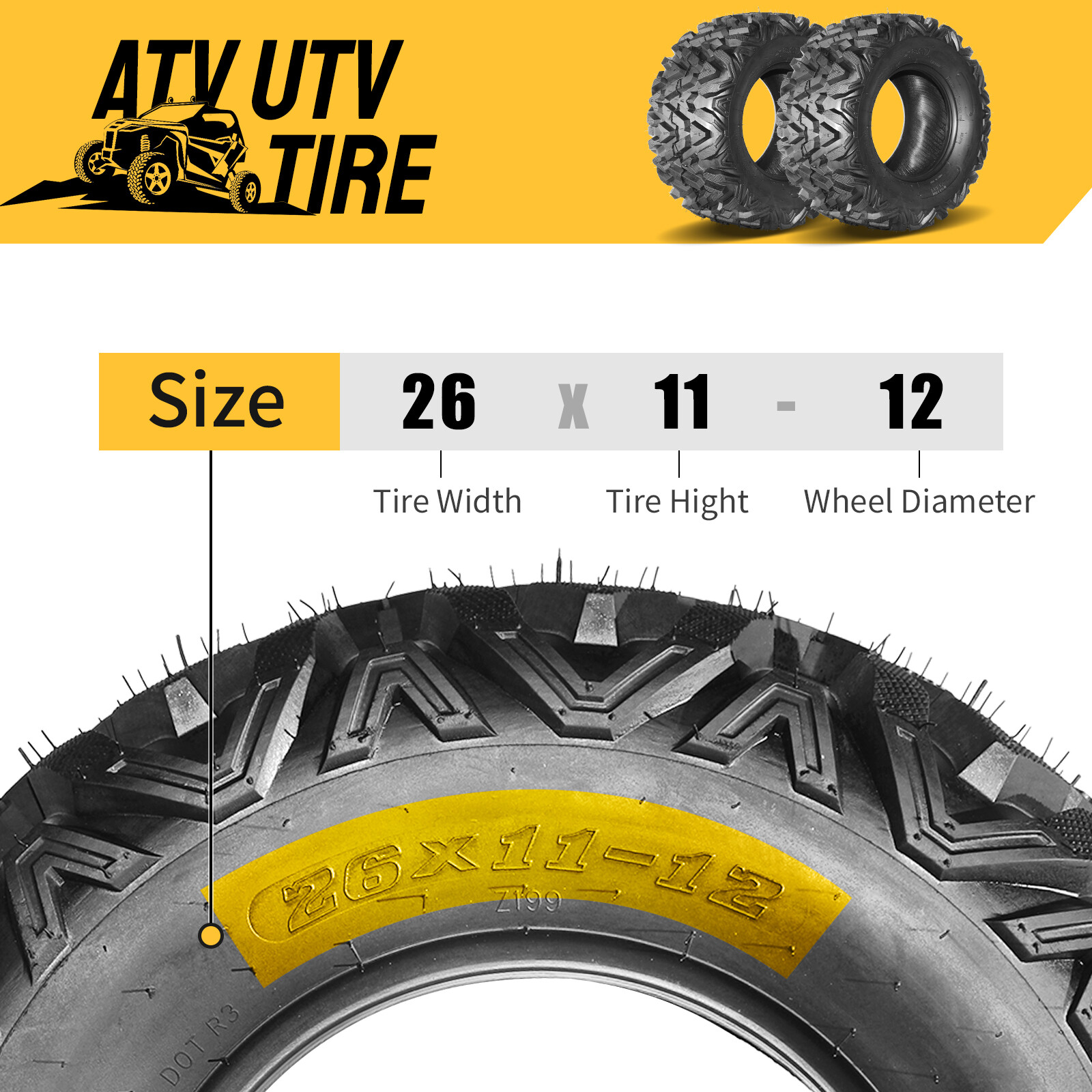 2pcs 26x11-12 ATV UTV Tires All Terrain AT 6 Ply Rated 26x11x12 26 11