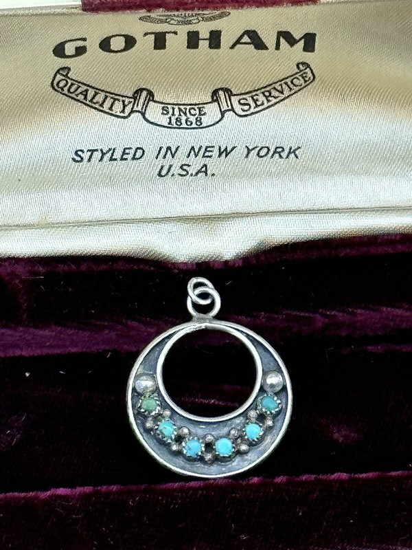 Vintage Old Sterling Silver Petit Point Turquoise Necklace Pendant