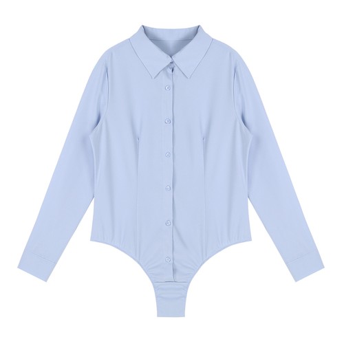 Womens Bodysuit Long Sleeve Shirt Button Down Leotard Slim Fit Jumpsuit Solid - Picture 26 of 55
