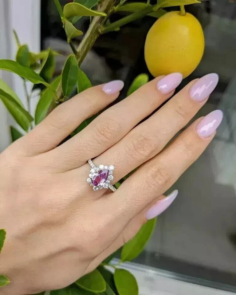 Anillo de bodas de moissanita de zafiro rosa natural AAA de 2,40 quilates... - Imagen 3 de 4