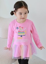 Girl's Pink Happy Birthday Long Sleeve Mesh Dress