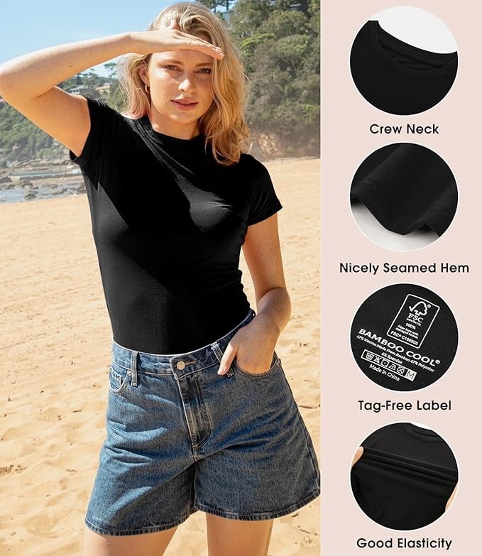 BAMBOO COOL Womens Skin-Tight Soft T-Shirt Short Sleeve Slim Fit