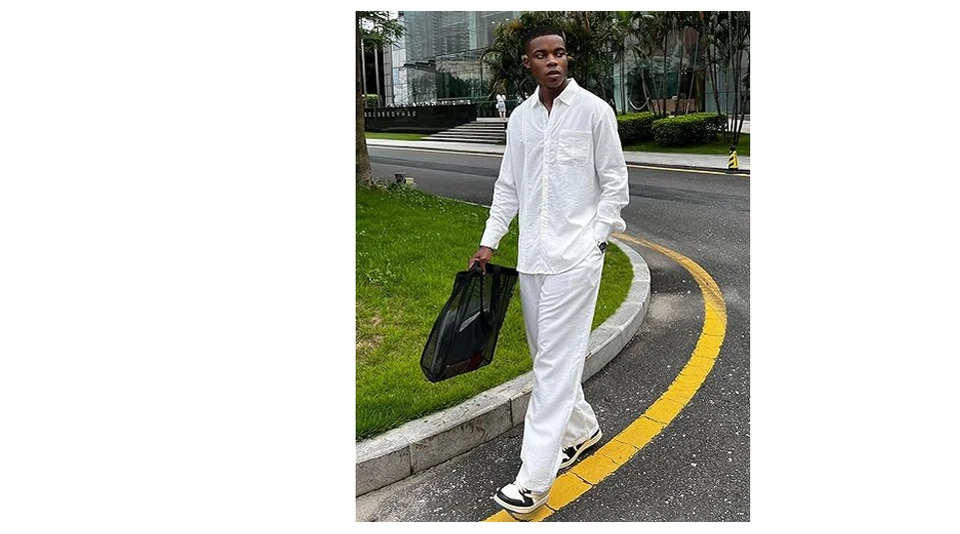 COOFANDY Para Hombres Conjunto Coordinado Blanco Lino Pantalones y Camisa Conjunto Informal Lino, M Foto 3 de 4