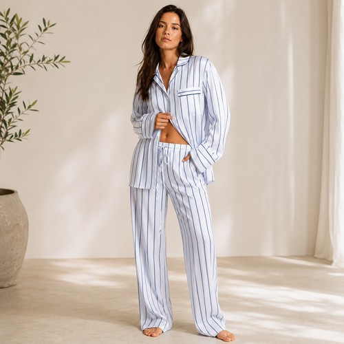 Victoria's Secret Pajama Set Women XS Light Blue Striped Sleepwear