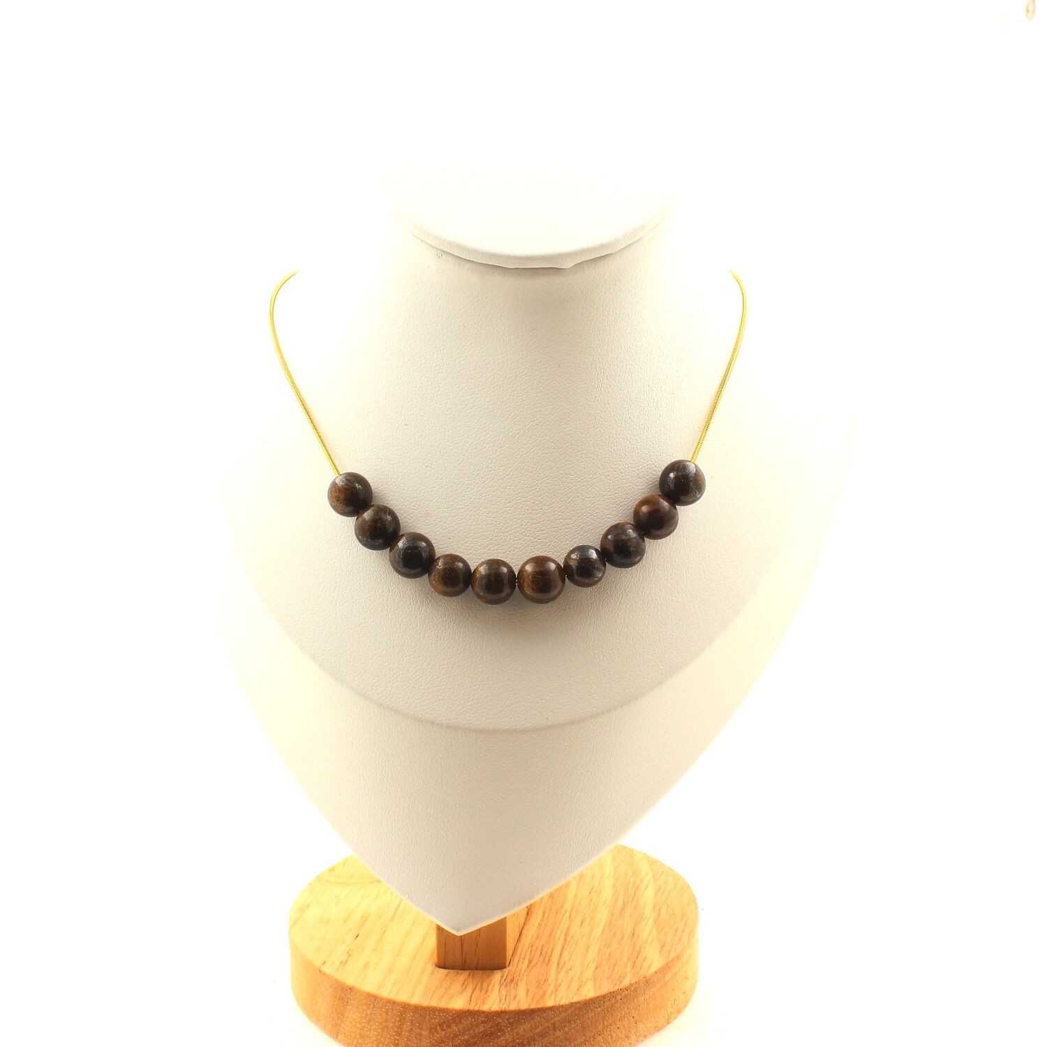 Collier femme 10 perles Bronzite 8 mm en acier doré, le cadeau idéal