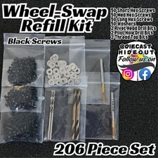 206pc Wheel Swap Refill Kit Black Hex Screws for 1/64 Hot Wheels Matchbox