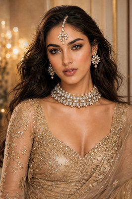 Indian Luxury Kundan Choker Necklace Set Earrings Maang Tikka Bridal Jewelry
