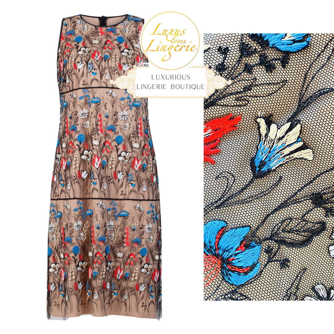 VESTIDO WILDFLOWER De Wolford 34 Negro Multicolor Bordado De Tul Fino Con Flores