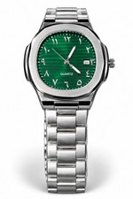 Men's Stainless Steel Quartz Watch Green Arabic Numerals Striped Dial Date New