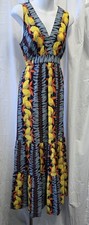 Cabi Tiered Maxi Dress Medium Mangos Blue Leaf Print  V Neck Tie Waist Cotton