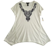 Style & Co Women's Handkerchief-Hem Embroidered Top White Small