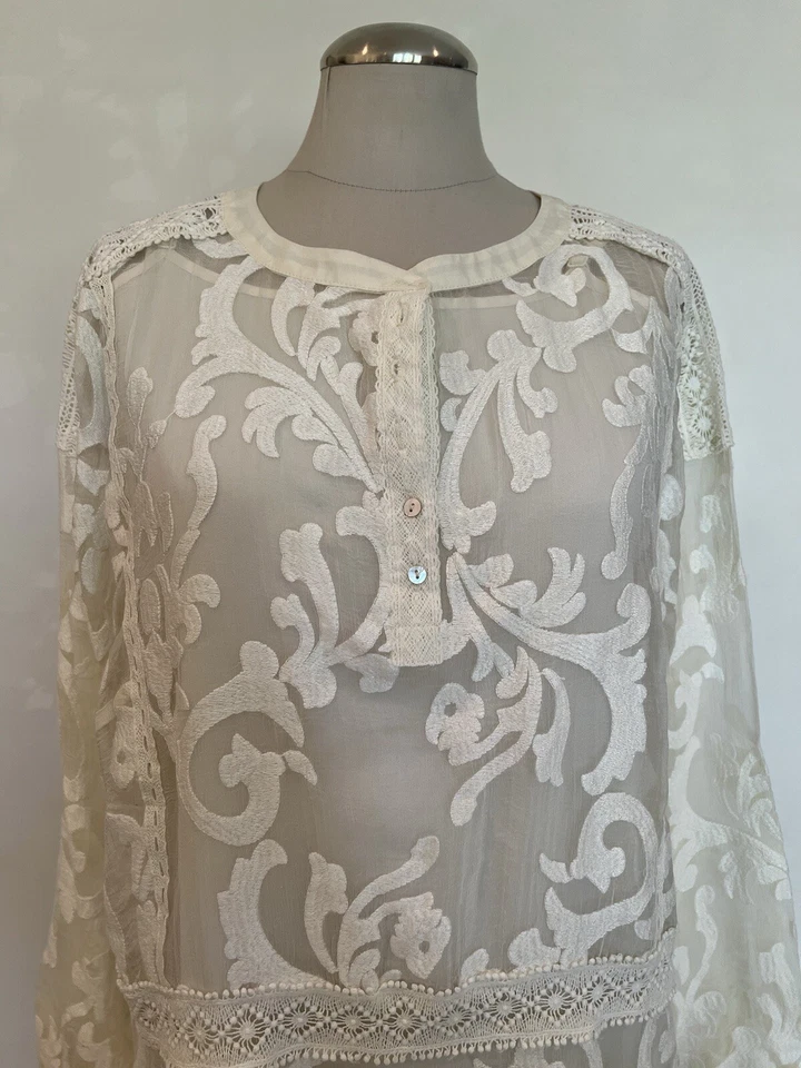 Sundance изысканный слоновой кости шелк шифона чистый туника кружева акцент размер M