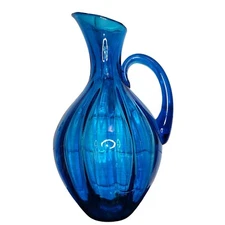 Vtg MCM Blenko Blue Glass Pitcher Vase Ribbed Design Decor 12" Tall