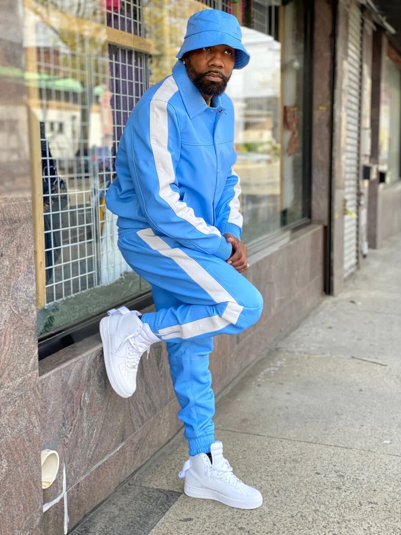 Men's Lambskin Leather Track Suit Sweatsuit [Sky Blue/White