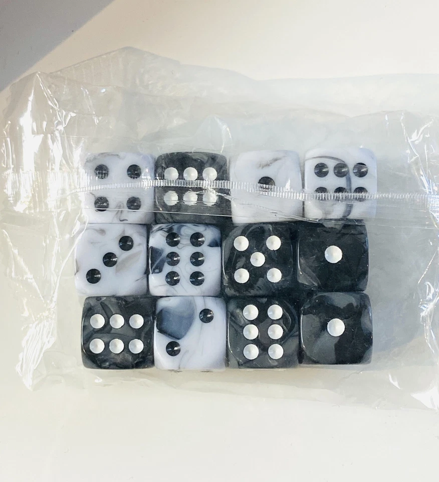Premium 12 X D6 Black And  White Marble style Dice Rounded Corners 16mm set - Image 3 of 3